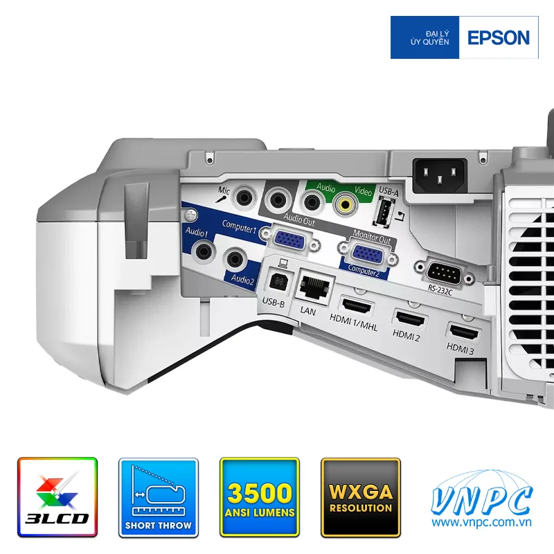 Epson EB 685W Hệ thống cổng kết nối đa dạng phong phú Cổng HDMI USB LAN và tính năng chia màn hình trên Epson EB 685W hỗ trợ kết nối thiết bị ngoại vi và quản lý từ xa linh hoạt.
