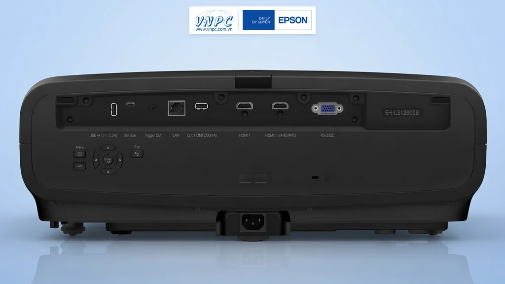Epson EH LS12000B trang bị đầy đủ các cổng HDMI eARC LAN RS 232C Trigger Out và USB tương thích với mọi thiết bị giải trí cao cấp.