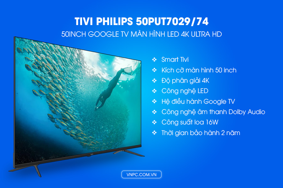 Tivi Philips 50PUT7029/74 50inch Google TV màn hình LED 4K Ultra HD