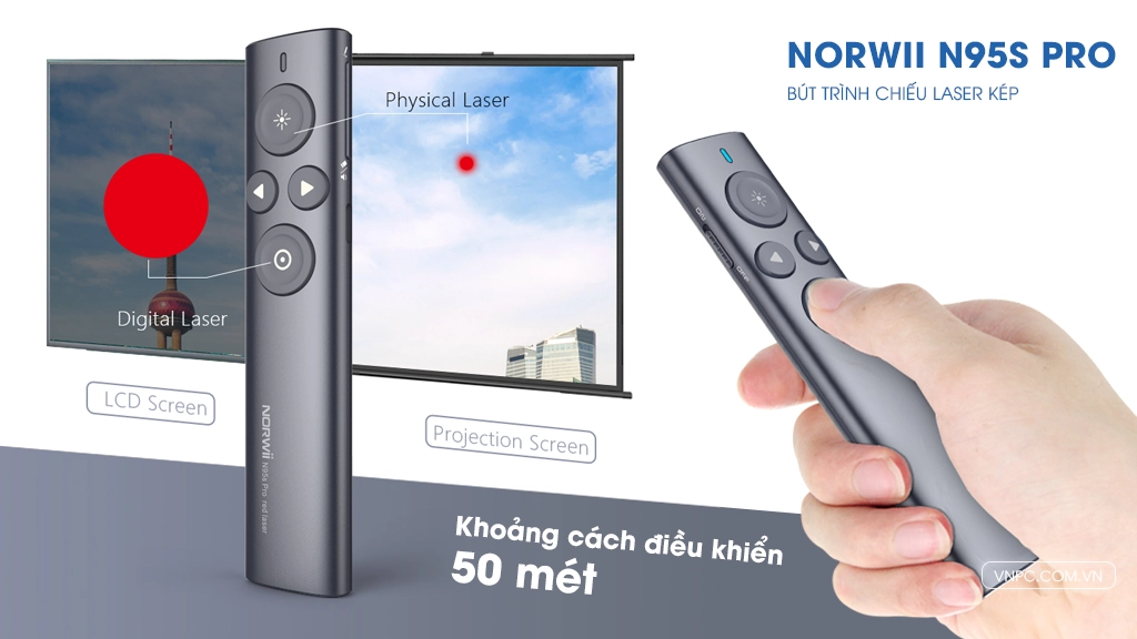 Tính năng laser kỹ thuật số, highlight và magnifier của Norwii N95s Pro hoạt động hoàn hảo trên màn hình LED hiện đại.